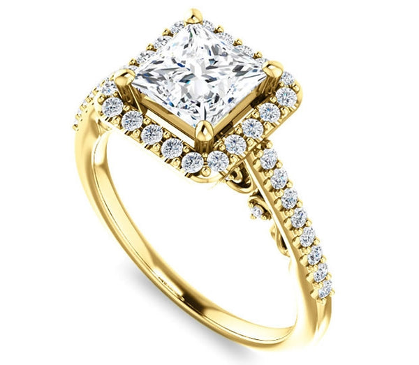 1.30ct (6.0mm) Princess  14K Yellow Gold Halo Engagement Ring With Moissanite Accented Scrollwork