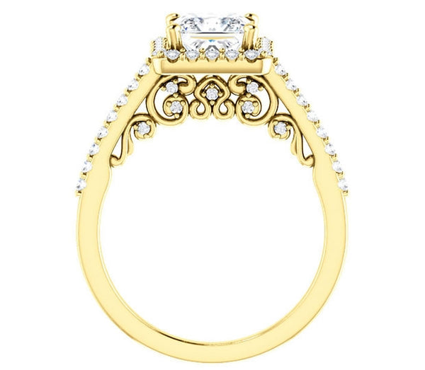 1.30ct (6.0mm) Princess  14K Yellow Gold Halo Engagement Ring With Moissanite Accented Scrollwork