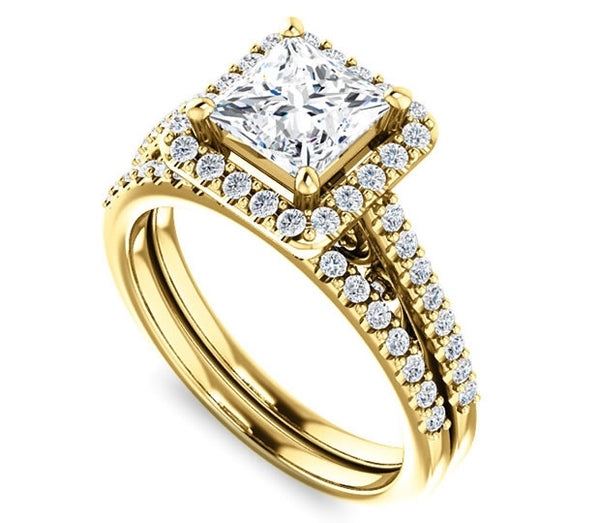 1.30ct (6.0mm) Princess  14K Yellow Gold Halo Engagement Ring With Moissanite Accented Scrollwork