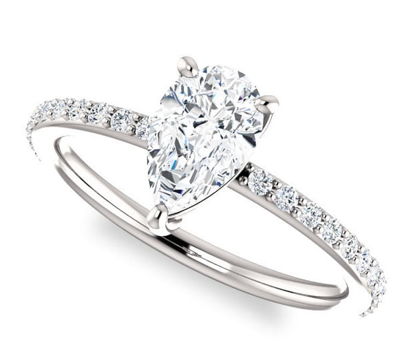 0.94ct (8.0x5.0mm) Pear Moissanite 14k White Gold Engagement Ring with Sidestones