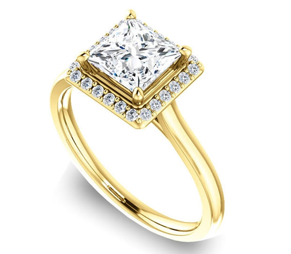 1.30ct (6.0mm) Princess  14K Yellow Gold Halo Engagement Ring with Gem Accents