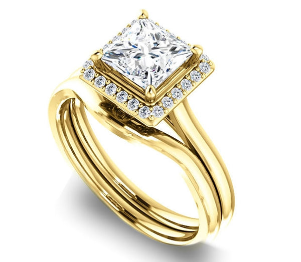 1.30ct (6.0mm) Princess  14K Yellow Gold Halo Engagement Ring with Gem Accents