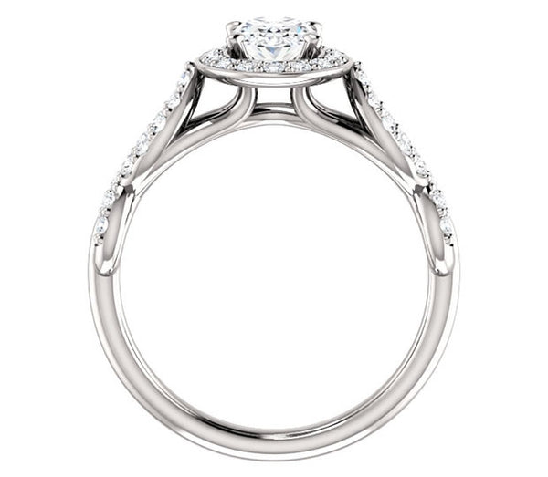 0.90ct (7.0x5.0mm) Oval  14K White Gold Moissanite Halo Engagement Ring