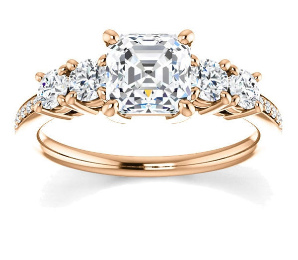 1.30ct (6.5mm) Asscher  14K Rose Gold Engagement Ring with Moissanite Accent Gems