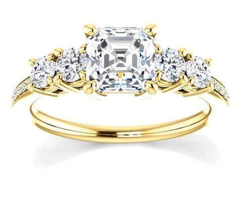 1.30ct (6.5mm) Asscher  14K Yellow Gold Engagement Ring with Moissanite Accent Gems