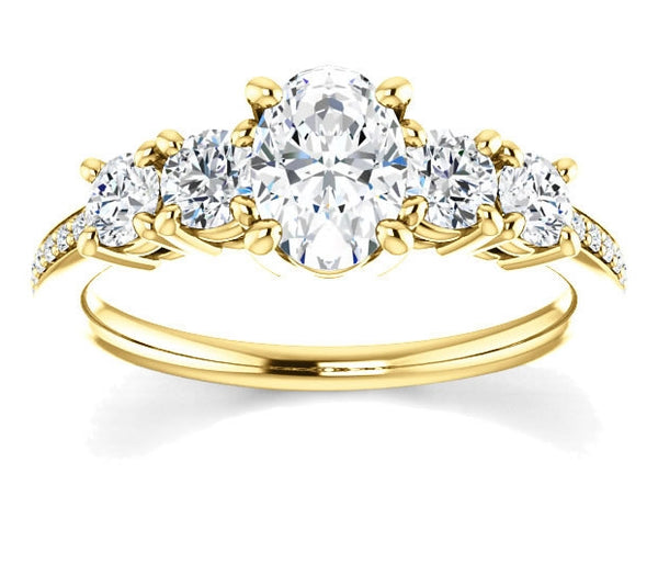 0.90ct (7.0x5.0mm) Oval  14K Yellow Gold Engagement Ring with Moissanite Accent Gems