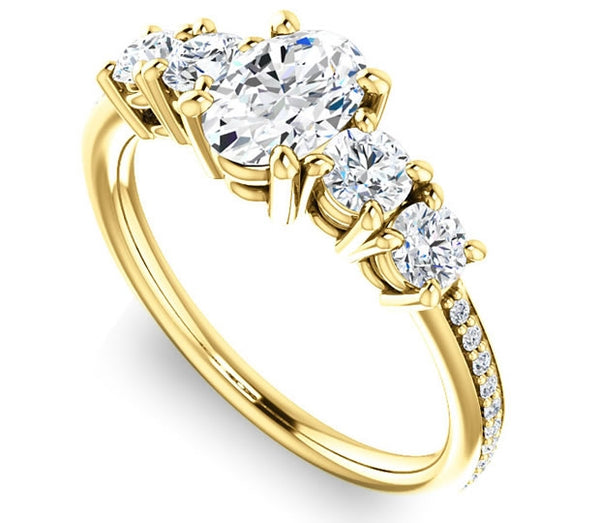 0.90ct (7.0x5.0mm) Oval  14K Yellow Gold Engagement Ring with Moissanite Accent Gems