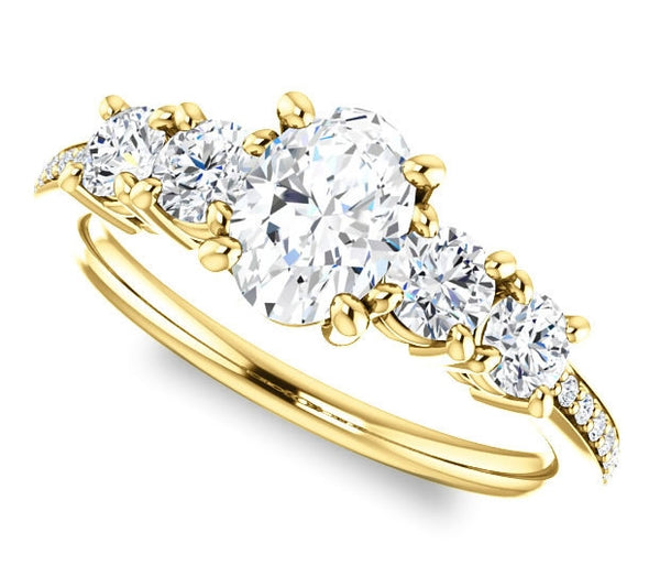 0.90ct (7.0x5.0mm) Oval  14K Yellow Gold Engagement Ring with Moissanite Accent Gems