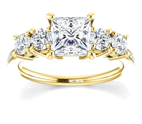 1.30ct (6.0mm) Princess  14K Yellow Gold Engagement Ring with Moissanite Accent Gems