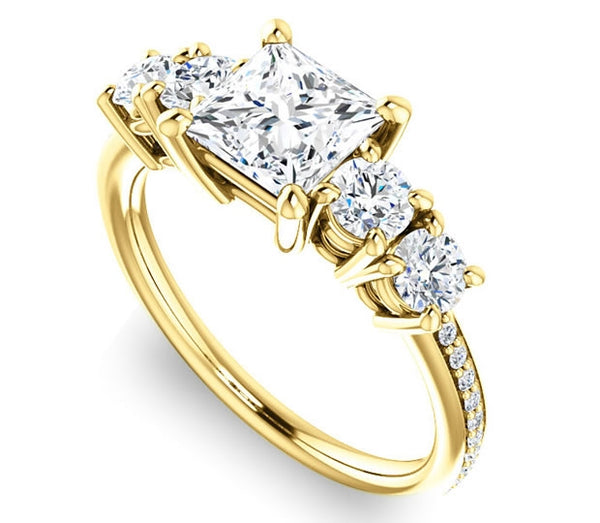 1.30ct (6.0mm) Princess  14K Yellow Gold Engagement Ring with Moissanite Accent Gems