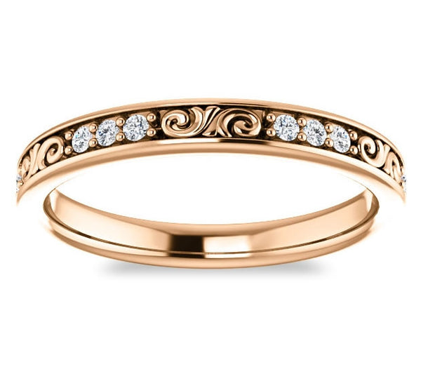 14K Rose Gold 2.8mm Filigree Wedding Band with Moissanite Gem Accents