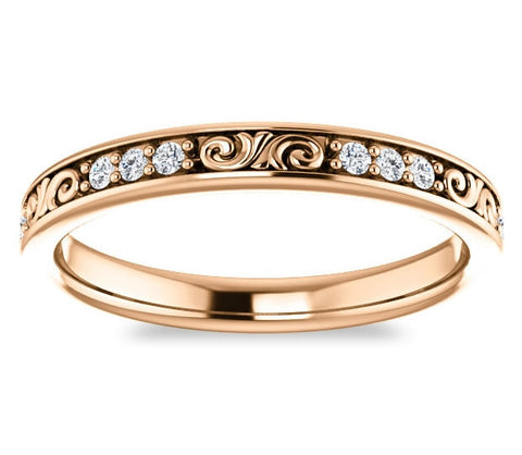 14K Rose Gold 2.8mm Filigree Wedding Band with Moissanite Gem Accents