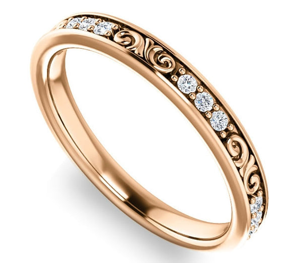 14K Rose Gold 2.8mm Filigree Wedding Band with Moissanite Gem Accents