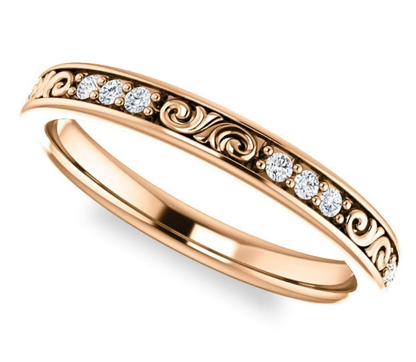 14K Rose Gold 2.8mm Filigree Wedding Band with Moissanite Gem Accents