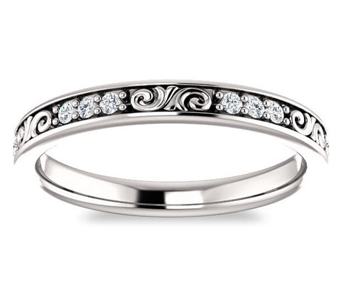 14K White Gold 2.8mm Filigree Wedding Band with Moissanite Gem Accents