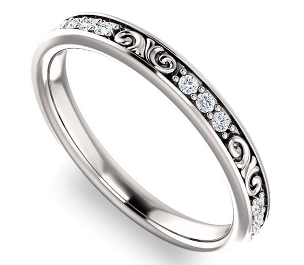 14K White Gold 2.8mm Filigree Wedding Band with Moissanite Gem Accents