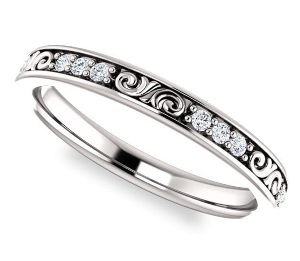 14K White Gold 2.8mm Filigree Wedding Band with Moissanite Gem Accents