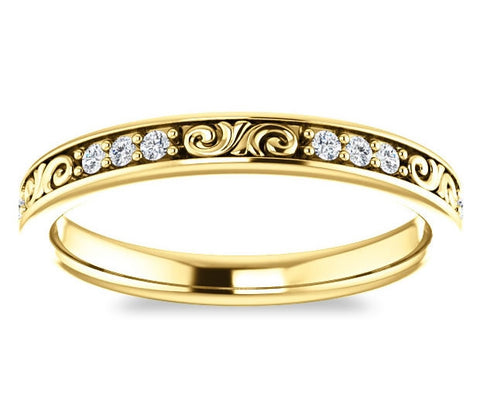 14K Yellow Gold 2.8mm Filigree Wedding Band with Moissanite Gem Accents