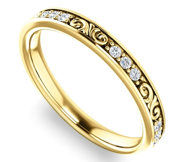 14K Yellow Gold 2.8mm Filigree Wedding Band with Moissanite Gem Accents