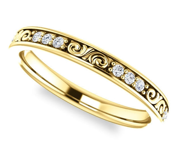 14K Yellow Gold 2.8mm Filigree Wedding Band with Moissanite Gem Accents