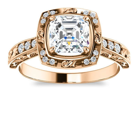 1.30ct (6.5mm) Asscher  14K Rose Gold Halo Filigree Engagement Ring