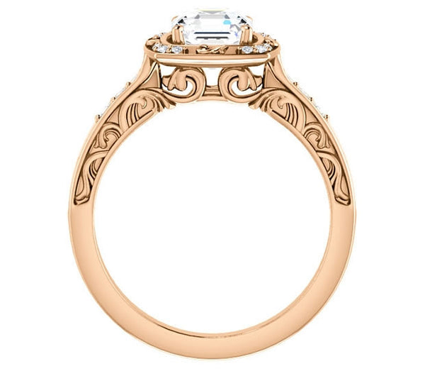 1.30ct (6.5mm) Asscher  14K Rose Gold Halo Filigree Engagement Ring