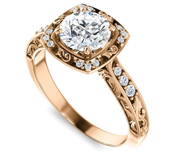 1.00ct (6.5mm) Round  14K Rose Gold Halo Filigree Engagement Ring