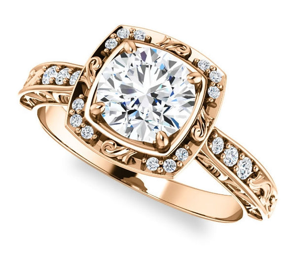 1.00ct (6.5mm) Round  14K Rose Gold Halo Filigree Engagement Ring