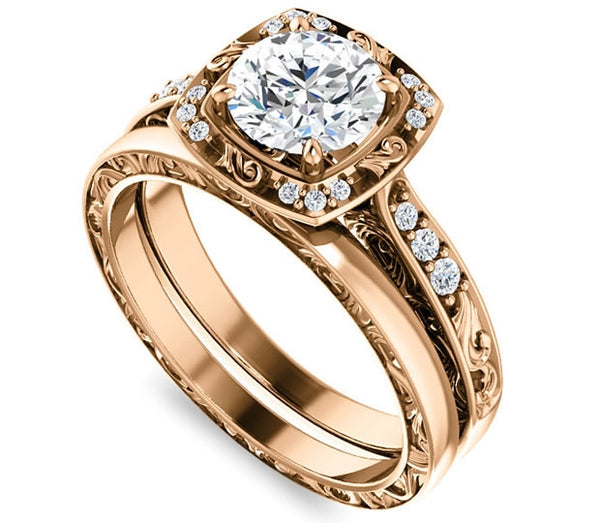 1.00ct (6.5mm) Round  14K Rose Gold Halo Filigree Engagement Ring