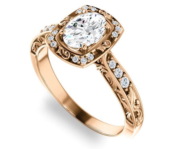 0.90ct (7.0x5.0mm) Oval  14K Rose Gold Halo Filigree Engagement Ring