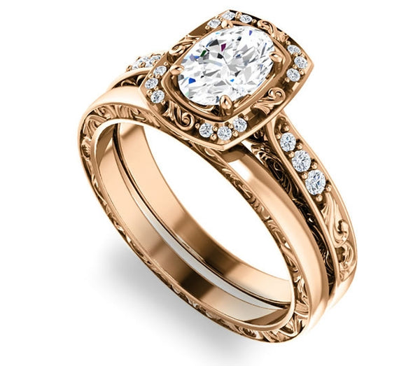 0.90ct (7.0x5.0mm) Oval  14K Rose Gold Halo Filigree Engagement Ring