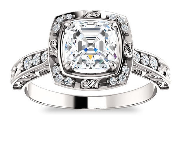 1.30ct (6.5mm) Asscher  14K White Gold Halo Filigree Engagement Ring