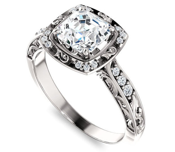 1.30ct (6.5mm) Asscher  14K White Gold Halo Filigree Engagement Ring