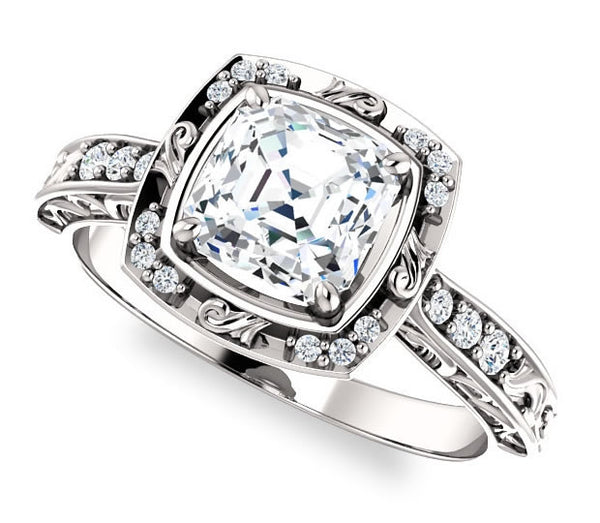 1.30ct (6.5mm) Asscher  14K White Gold Halo Filigree Engagement Ring