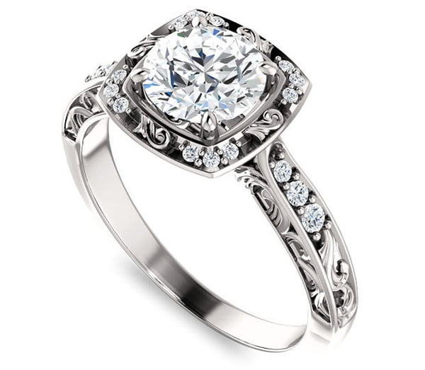 1.00ct (6.5mm) Round  14K White Gold Halo Filigree Engagement Ring