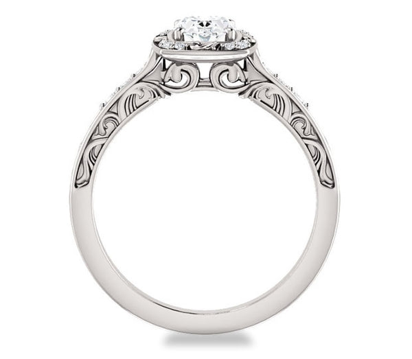 0.90ct (7.0x5.0mm) Oval  14K White Gold Halo Filigree Engagement Ring