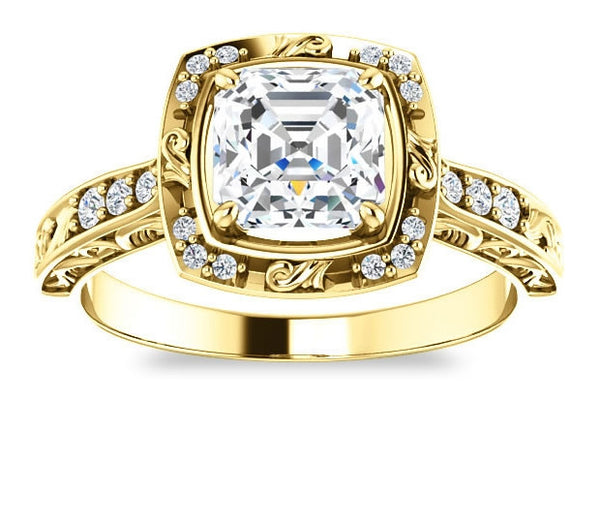 1.30ct (6.5mm) Asscher  14K Yellow Gold Halo Filigree Engagement Ring