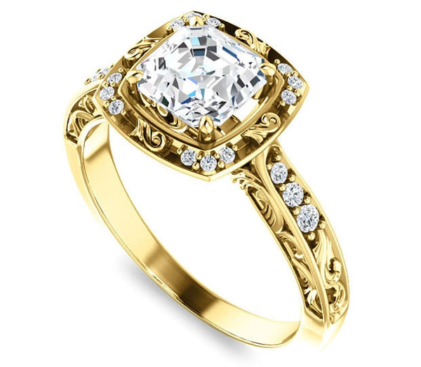 1.30ct (6.5mm) Asscher  14K Yellow Gold Halo Filigree Engagement Ring