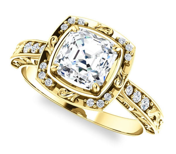 1.30ct (6.5mm) Asscher  14K Yellow Gold Halo Filigree Engagement Ring