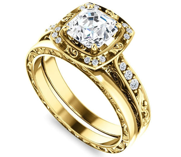 1.30ct (6.5mm) Asscher  14K Yellow Gold Halo Filigree Engagement Ring