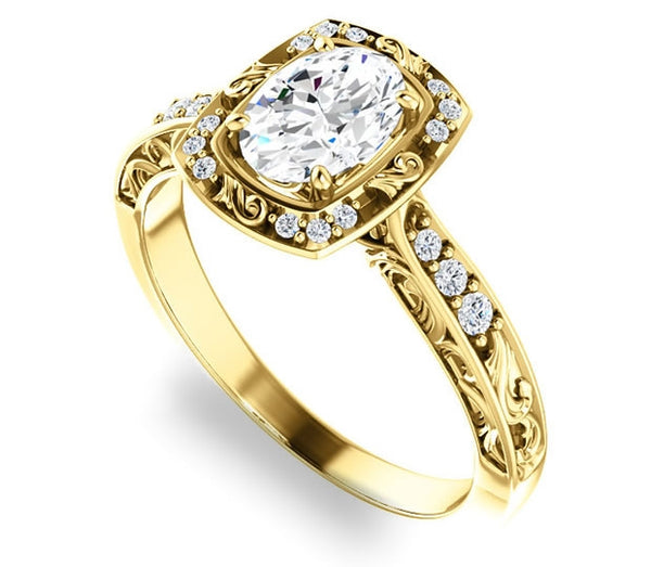 0.90ct (7.0x5.0mm) Oval  14K Yellow Gold Halo Filigree Engagement Ring