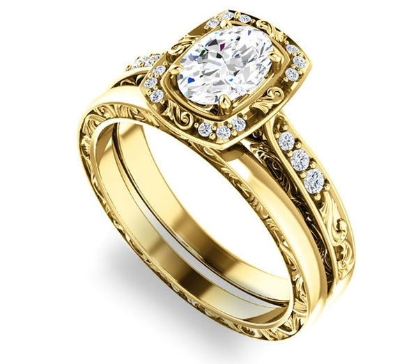 0.90ct (7.0x5.0mm) Oval  14K Yellow Gold Halo Filigree Engagement Ring