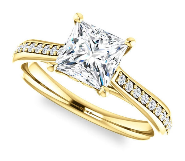 1.30ct (6.0mm) Princess  14K Yellow Gold Engagement Ring With Gem Accents