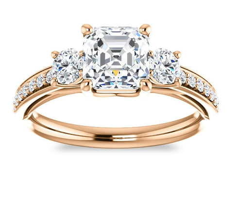 1.30ct (6.5mm) Asscher  14K Rose Gold Three Stone Trellis Engagement Ring with Side Accents