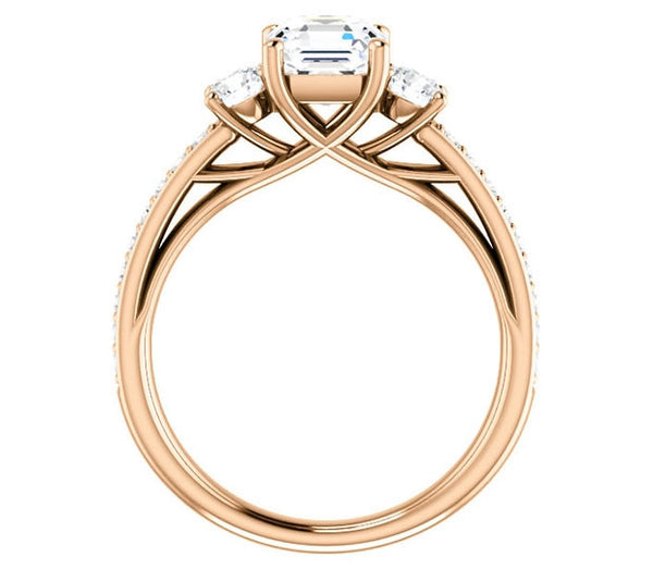 1.30ct (6.5mm) Asscher  14K Rose Gold Three Stone Trellis Engagement Ring with Side Accents