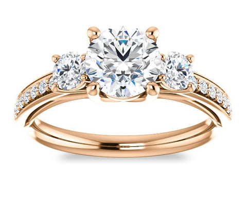 1.00ct (6.5mm) Round  14K Rose Gold Three Stone Trellis Engagement Ring with Side Accents