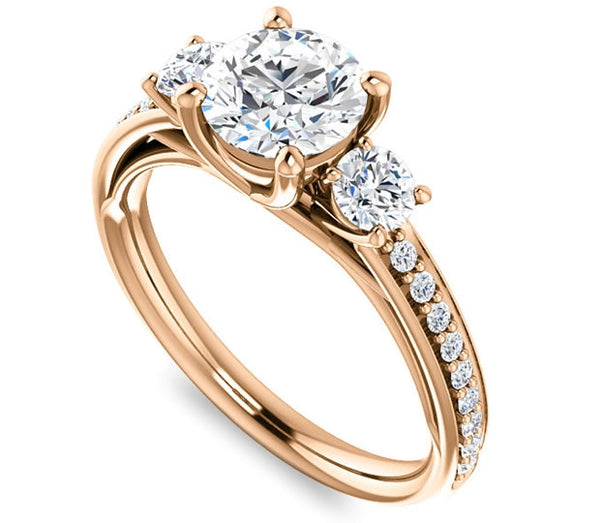 1.00ct (6.5mm) Round  14K Rose Gold Three Stone Trellis Engagement Ring with Side Accents