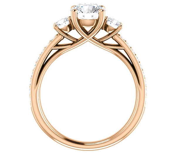 1.00ct (6.5mm) Round  14K Rose Gold Three Stone Trellis Engagement Ring with Side Accents