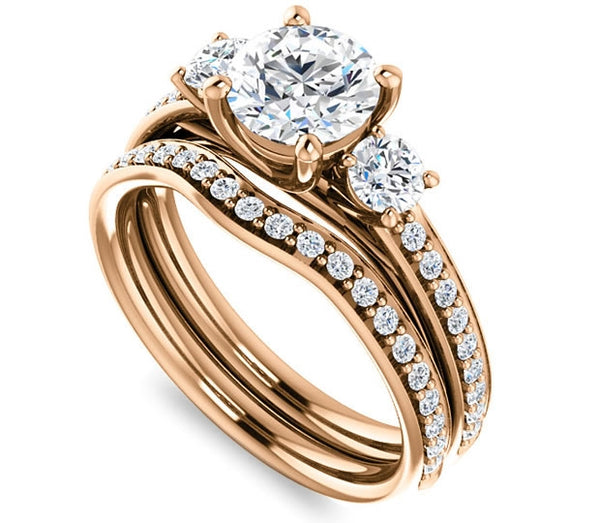 1.00ct (6.5mm) Round  14K Rose Gold Three Stone Trellis Engagement Ring with Side Accents