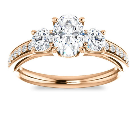 0.90ct (7.0x5.0mm) Oval  14K Rose Gold Three Stone Trellis Engagement Ring with Side Accents